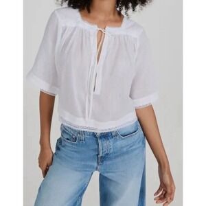 Rag & Bone Women White "Charlotte" Lace Trim Tie Neck Blouse Top Size L Peasant‎